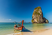 Long tail boat on Phra Nang Cave Beach on Railay in Ao Nang, Krabi Province, Thailand, Southeast Asia, Asia
