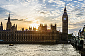 Sun setting over Houses of Parliament, London, United Kingdom