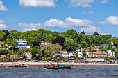 View from the Elbe to the houses in Övelgönne and the Strandperle in Hamburg, northern Germany, Germany