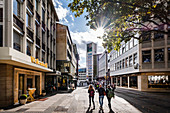 Pedestrian zone Kirchstrasse with a view of the town hall of Stuttgart, Baden-Württemberg, Germany