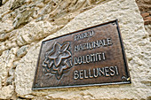 Sign of the Bellunesian Dolomites National Park with bluebells, Agordo, Bellunesian Dolomites National Park, Dolomites, Dolomites UNESCO World Heritage Site, Veneto, Italy