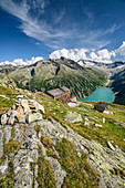 Olpererhütte stands above Schlegeisspeicher, Großer Möseler in the background, Olpererhütte, Peter-Habeler-Runde, Zillertal Alps, Tyrol, Austria