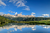 Rosengarten group is reflected in Bergsee, Rosengarten, Dolomites, UNESCO World Heritage Dolomites, South Tyrol, Italy