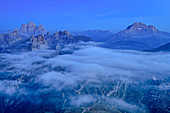 Deep view of foggy mood at blue hour, Monte Pelmo and Civetta in the background, Great Lagazuoi, Dolomites, UNESCO World Heritage Dolomites, Veneto, Italy