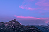 Mountain landscape with dramatic play of colors and cloud formations in the sky shortly after sunset, Germany, Bavaria, Oberstdorf