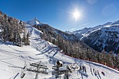 France, Savoie, Maurienne Valley, Modane, Valfrejus ski resort, view of the Combe des Roches and the ski slopes and the chairlift of the Col