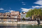 France, Rhone, Lyon, historical site listed as World Heritage by UNESCO, Quai St Vincent and Passerelle St Vincent over the Saone River and the Croix Rousse District