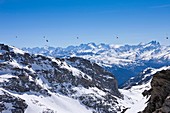 France, Savoie, Orelle, Val Thorens, Three Valleys ski area, the world's highest zipline (1300m long and 250m high), the departure is at 3250m altitude, in the background the massif and the Barre des Ecrins