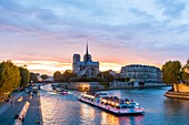 France, Paris, area listed as World Heritage by UNESCO, Ile de la Cite, Notre Dame Cathedral and a riverboat