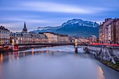 France, Isere, Grenoble, dusk on the banks of the Isere river, Vercors in the background