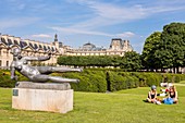 France, Paris, area listed as World Heritage by UNESCO, the Carrousel gardens, statues of Mayol Louvre in the background