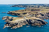 France, Morbihan, Belle Ile en Mer, Sauzon, Pointe des Poulains (aerial view)