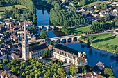 France, Vienne, Saint Savin, abbey listed as World Heritage by UNESCO and the bridges over the Gartempe river (aerial view)