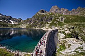 France, Pyrenees Atlantiques, Pyrenees National Park, Artouste lake at arrival of Train d'Artouste, the highest in Europe (2000m)