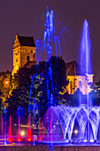 Gothic church of the Visitation of the Blessed Virgin Mary, one of the oldest buildings in Warsaw, Multimedia Fountain Park, old town, Warsaw, Mazovia region, Poland, Europe