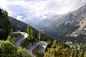 Pass road on the Maloja pass in Bergell, Graubünden, Upper Engadine, Switzerland