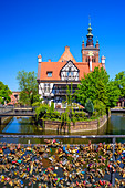 Millers' Guild House, tower of St. Catherine's church, canal of Radunia, Chlebowy bridge also called bridge of love, because young people hang padlocks there. Gdansk, Main City, Pomorze region, Pomorskie voivodeship, Poland, Europe