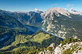 Blick vom Jenner auf Watzmann, Königssee, Schönfeldspitze und Steinernes Meer, Nationalpark Berchtesgaden, Berchtesgadener Land, Oberbayern, Bayern, Deutschland, Europa