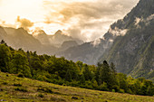Blick von Salet auf die Teufelshörner, Nationalpark Berchtesgaden, Berchtesgadener Land, Oberbayern, Bayern, Deutschland, Europa
