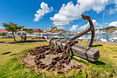 View of symbolic anchor next to the harbour, Gustavia, St. Barthelemy (St. Barts) (St. Barth), West Indies, Caribbean, Central America