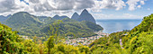 Panoramic view of Soufriere with the Pitons, UNESCO World Heritage Site, beyond, St. Lucia, Windward Islands, West Indies Caribbean, Central America