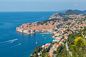 View of Old Walled City of Dubrovnik, UNESCO World Heritage Site, and Adriatic Sea from elevated position, Dubrovnik Riviera, Croatia, Europe