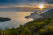 Panoramic view of the Old Walled City of Dubrovnik at sunset, UNESCO World Heritage Site, Dubrovnik Riviera, Croatia, Europe