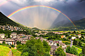 Rainbow above the valley, Valtellina, Lombardy, Italy, Europe
