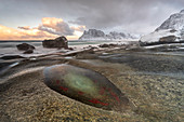Winter at Uttakleiv Beach, Vestvagoy, Lofoten Islands, Nordland, Arctic, Norway, Europe