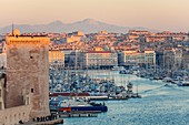 France, Bouches du Rhone, Marseille, the Old Port and Fort Saint Jean