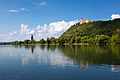 Blick über die Donau zur Wallfahrtskirche Mariä Himmelfahrt auf dem Bogenberg bei Bogen, Donau, Bayern, Deutschland