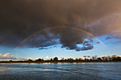 Rainbow, view over the Oder, Oderbruch, Brandenburg, Germany