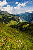 View of Murren and the Lauterbrunnen Valley, Murren, Lauterbrunnen, Bernese Oberland, Canton of Bern, Switzerland