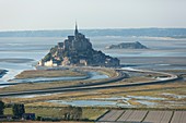 France, Manche, Mont Saint Michel bay, listed as World Heritage by UNESCO, Mont Saint Michel at high tide (aerial view)