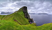 Panoramic of Kallur Lighthouse on cliffs, Kalsoy Island, Faroe Islands, Denmark, Europe