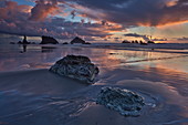 Rocks, sea stacks, and clouds at sunset, Bandon Beach, Oregon, United States of America, North America 