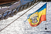 Wismarâ€™s crest, one of many variations with the bull, Akter Hafen, Wismar stadt, Mecklenburgâ€“Vorpommern, Germany.