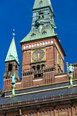 Detail of tower and facade of Copenhagen City Hall (Kobenhavns Radhus), builded in 1905, Copenhagen, Zealand, Denmark