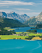 View of the Upper Engadine, Lake Silvaplana, Engadin, Graubünden, Switzerland