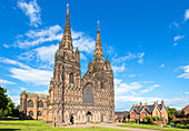 Lichfield Cathedral west front with carvings of St. Chad, Saxon and Norman kings, Lichfield, Staffordshire, England, United Kingdom, Europe