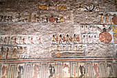 Colorful hieroglyphics and mural paintings in Egyptian Pharaoh Ramses burial chamber in tomb in The Vallery of the Kings, Thebes, UNESCO World Heritage Site, Egypt, North Africa, Africa