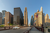 Early morning view of skyscrapers and traffic on DuSable Bridge, Chicago, Illinois, United States of America, North America
