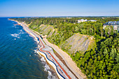 Aerial by drone of the coastline of Svetlogorsk, Kaliningrad, Russia, Europe