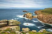 Enys Dodnan and the Armed Knight rock formations at Lands End, Cornwall, England, United Kingdom, Europe