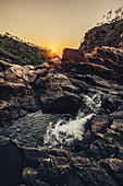 Edith Falls in Nitmiluk National Park; Kathrine; Northern Territory; Australia; Oceania; Waterfall at sunset; In the middle of the outback in Australia;