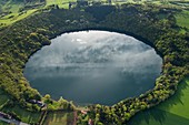 France, Puy de Dome, area listed as World Heritage by UNESCO, Charbonnieres les Vieilles, Gour de Tazenat, Maar volcano type (aerial view)