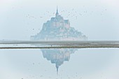 Frankreich, Manche, Mont Saint Michel, UNESCO Weltkulturerbe, mit Spiegelbild im frühen Morgennebel