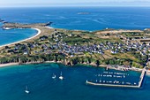 France, Morbihan, Ile d'Houat, Saint Gildas harbour and Houat village (aerial view)