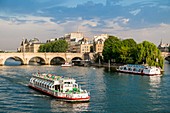 France, Paris, area listed as World Heritage by UNESCO, a boat and fly in the background the Pont Neuf and Cite island