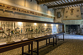 THE PLACITUM HALL (OLD HALL OF JUSTICE) WITH THE TAPESTRIES, THE 12TH CENTURY CHATEAU OF PIROU (50), FRANCE